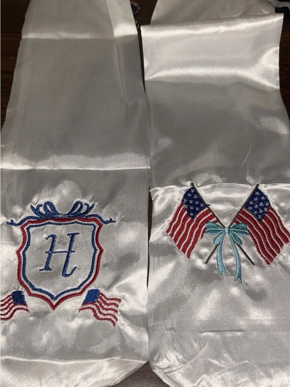 White Satin Scarf with Embroidered American Flags